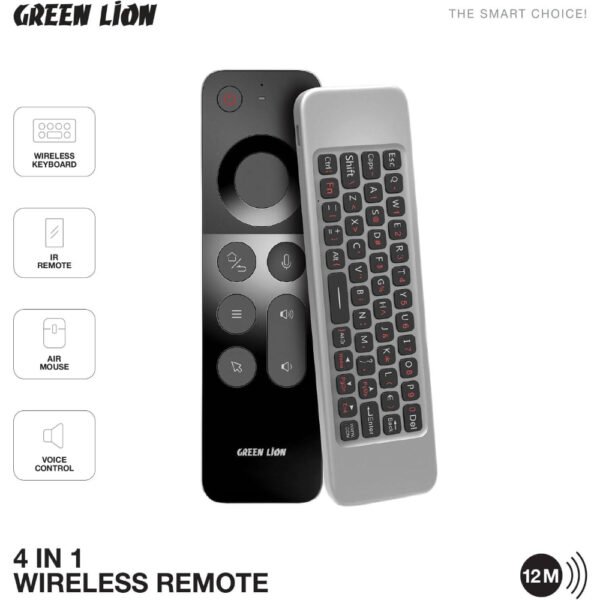 Green Lion 4 in 1 Wireless Remote With Keyboard, Air mouse, Ir remote, Voice control, 250mAh Battery, 20 Days Working Time, 12m Control Range, 58 Keys - Black - Image 2
