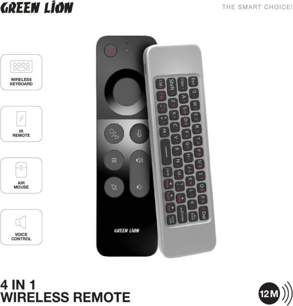 Green Lion 4 in 1 Wireless Remote With Keyboard, Air mouse, Ir remote, Voice control, 250mAh Battery, 20 Days Working Time, 12m Control Range, 58 Keys - Black - Image 5