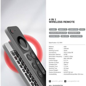 Green Lion 4 in 1 Wireless Remote With Keyboard, Air mouse, Ir remote, Voice control, 250mAh Battery, 20 Days Working Time, 12m Control Range, 58 Keys - Black - Image 3