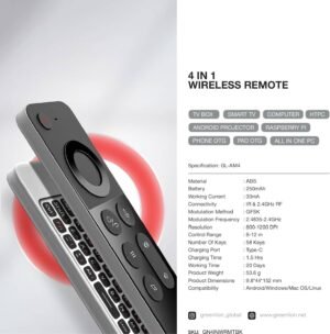 Green Lion 4 in 1 Wireless Remote With Keyboard, Air mouse, Ir remote, Voice control, 250mAh Battery, 20 Days Working Time, 12m Control Range, 58 Keys - Black - Image 6