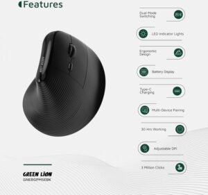 Green Lion Ergo Grip Vertical Mouse, BT & 2.4GHz Connectivity, 1200 to 4000 DPI, 500mAh Battery, 30H Working Time, 3 Million Clicks, LED Indicator Lights, Type-C Port, Multi-Device Pairing - Black - Image 4