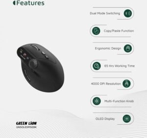 Green Lion Smart OLED Vertical Mouse, Oled Display, 1200 to 4000 DPI, 2.4G/BT V5.1 Connectivity, 3M Clicks button Life, 65H Working Time, 500mAh Battery, Multi-Function Knob, Ergonomic Design - Black - Image 3