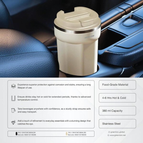 Green Lion Vacuum Mug 380 ml, 4-6 Hrs Cold & Hot, Double-Wall Vacuum Insulation, Exquisite Appearance, Food-grade material, Bottle Carrier Strap, Stainless Steel Material - Image 5
