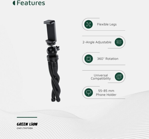 Green Lion Flexible Tripod with Foam Grips, 55-85 mm Phone Holder Size, Universal Compatibility, 3 kg Load Capacity, 2-Angle Adjustable, Pan & Tilt Functions, 360 Rotation, Flexible Legs - Black - Image 7