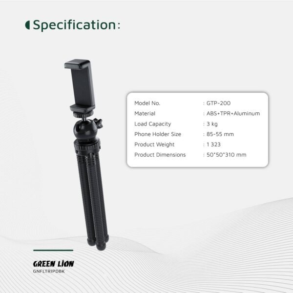 Green Lion Flexible Tripod with Foam Grips, 55-85 mm Phone Holder Size, Universal Compatibility, 3 kg Load Capacity, 2-Angle Adjustable, Pan & Tilt Functions, 360 Rotation, Flexible Legs - Black - Image 3