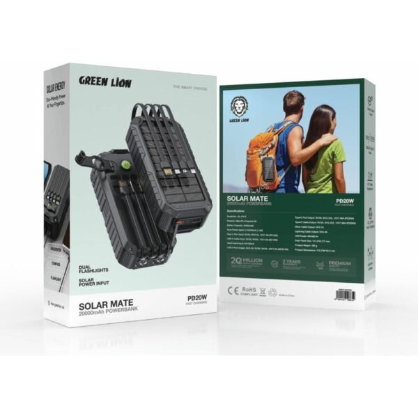 Green Lion Solar Mate Power Bank, ABS + PC + Fireproof V0 Material, 20000mAh Battery Capacity, 4 Built-in Cables, Dual Flashlights - Image 4