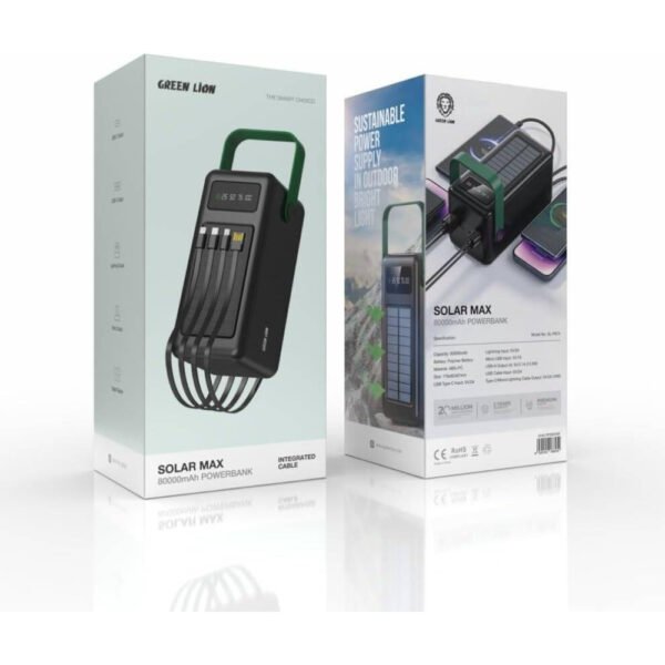 Green Lion Solar Max 50,000mAh Power Bank with Digital Display, Polymer Battery, Solar Charging Panel, Type-C/Micro/Lightning Head/USB-A Output, lightweight & Portable, 4 Integrated Cables - Image 3