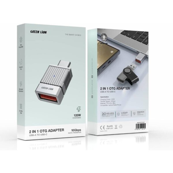 Green Lion 2 in 1 OTG Adapter: USB-A to USB-C with 120W Charging & 10Gbps Data - Image 3