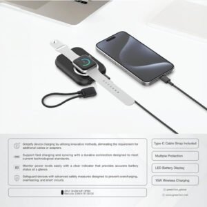 Green Lion 3-in-1 Power Bank, 10000mAh Battery, Compatible With MagSafe, PD 20W Fast Charging, Type-C Output, Type-C Cable Strap, LED Battery Display, Multiple Protection, Compact & Portable - Black - Image 5