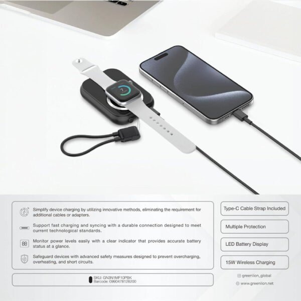 Green Lion 3-in-1 Power Bank, 10000mAh Battery, Compatible With MagSafe, PD 20W Fast Charging, Type-C Output, Type-C Cable Strap, LED Battery Display, Multiple Protection, Compact & Portable - Black - Image 5