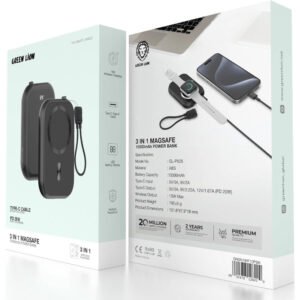 Green Lion 3-in-1 Power Bank, 10000mAh Battery, Compatible With MagSafe, PD 20W Fast Charging, Type-C Output, Type-C Cable Strap, LED Battery Display, Multiple Protection, Compact & Portable - Black - Image 4