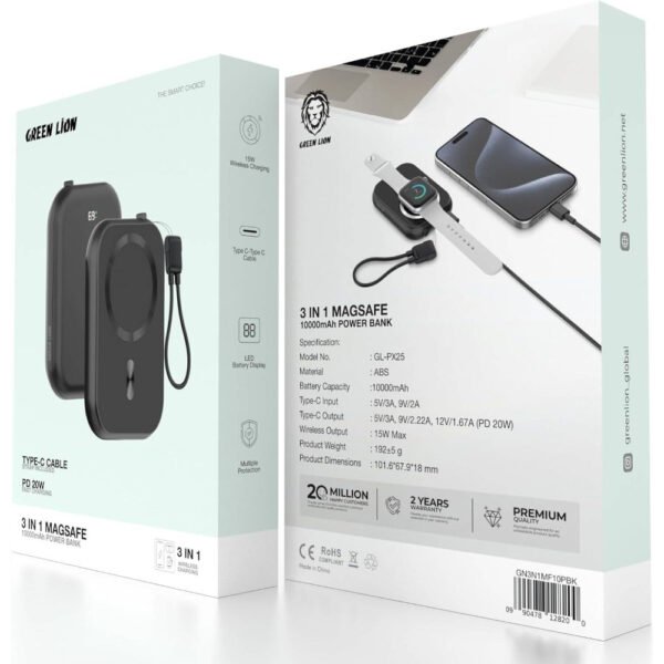 Green Lion 3-in-1 Power Bank, 10000mAh Battery, Compatible With MagSafe, PD 20W Fast Charging, Type-C Output, Type-C Cable Strap, LED Battery Display, Multiple Protection, Compact & Portable - Black - Image 4