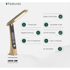 Green Lion LED Table Lamp, 1800mAh Battery, Cold-Natural-Warm Light Modes, Adjustable Brightness & Angle, 190 Lm Brightness, Stepless Dimming, Digital Time & Date - Wooden - Image 7