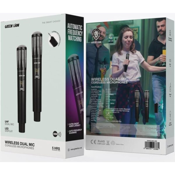 Green Lion Wireless Dual Cordless Dynamic Microphones with 800mAh Battery Capacity, Rechargeable Lithium Battery, Type-C Charging Port, 2-5 Hours Working Time, LCD Display, Plug & Play - Black - Image 2