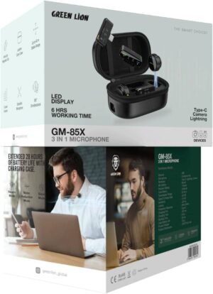 Green Lion GM-85X 3 In 1 Wireless Microphone, LED Display, 6H Working Time, USB-C/Lightning Head/Camera Receiver, Noise Reduction/Reverb/Silent Mode, 360 Surround Sound, Plug & Play- Black - Image 3