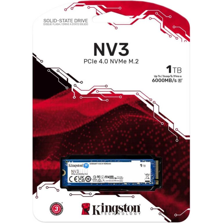 Kingston NV3 PCIe 4.0 NVMe Internal SSD, 1TB Capacity, M.2 2280 Form Factor, 6000 MB/s Sequential Read & 4000 MB/s Sequential Write Speed, 3D NAND Technology, 320 TBW Endurance