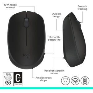 Logitech M171 Wireless Mouse for PC, Mac, Laptop, 2.4 GHz with USB Mini Receiver, Optical Tracking, 12-Months Battery Life, Ambidextrous - Black - Image 4