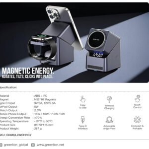 Green Lion Multi Device 4 Wireless Charger, Digital Clock, 15W Wireless Charging, Compatible with Magsafe, Adjustable Angle View, Touch Control, Compatible with Airpod/iWatch - Image 6