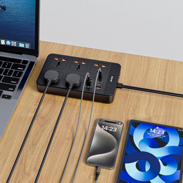 Green Lion GS-500 Power Socket 2500W, 5 AC Sockets, 4 USB-C, 2 USB-A, PD 20W Output, Universal Compatibility, 2500W Power, 3m Cord, Safety Shutters & Charging Protection - Image 3