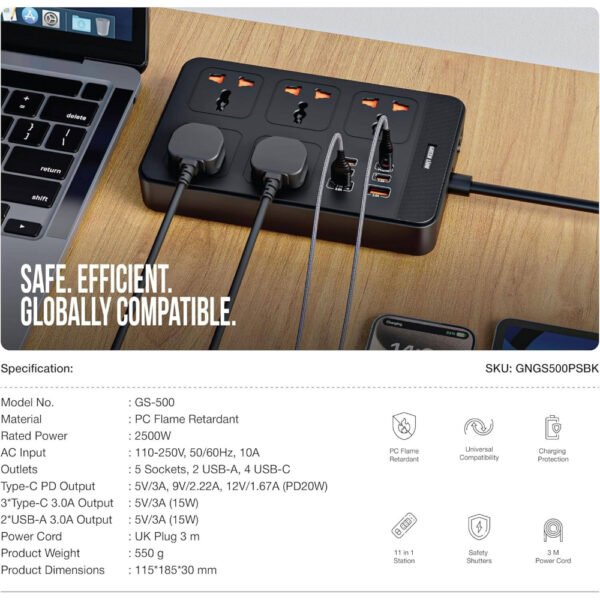 Green Lion GS-500 Power Socket 2500W, 5 AC Sockets, 4 USB-C, 2 USB-A, PD 20W Output, Universal Compatibility, 2500W Power, 3m Cord, Safety Shutters & Charging Protection - Image 4