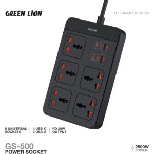 Green Lion GS-500 Power Socket 2500W, 5 AC Sockets, 4 USB-C, 2 USB-A, PD 20W Output, Universal Compatibility, 2500W Power, 3m Cord, Safety Shutters & Charging Protection - Image 5
