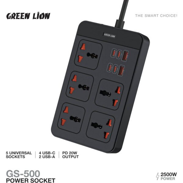Green Lion GS-500 Power Socket 2500W, 5 AC Sockets, 4 USB-C, 2 USB-A, PD 20W Output, Universal Compatibility, 2500W Power, 3m Cord, Safety Shutters & Charging Protection - Image 5