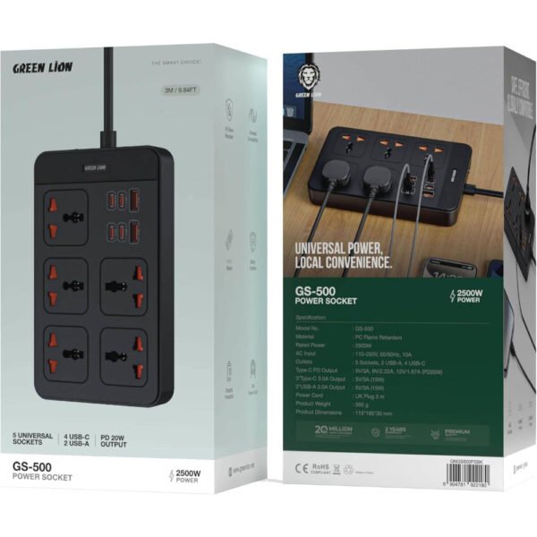 Green Lion GS-500 Power Socket 2500W, 5 AC Sockets, 4 USB-C, 2 USB-A, PD 20W Output, Universal Compatibility, 2500W Power, 3m Cord, Safety Shutters & Charging Protection - Image 2