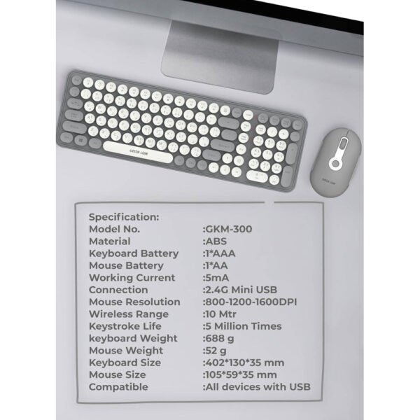 Green Lion GKM-300 Wireless Keyboard+Mouse, Multiple DPI Mouse, USB connectivity, 5M Keystrokes, 2.4G Mini USB, 10 M Range, Quiet Typing, Build in Plate - Gray - Image 4
