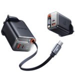 MCDODO CH-410 FreeGo 67W GaN Charger USB-C USB-A Power Adapter with Built-in Retractable Cable, EU Plug - Black