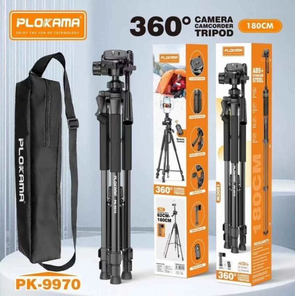 PLOKAMA PK-9970 – 180CM Tall, 360° Rotating Tripod with Bluetooth Remote, Phone Holder & Carry Bag – Compatible with DSLR, iPhone, Android - Image 3