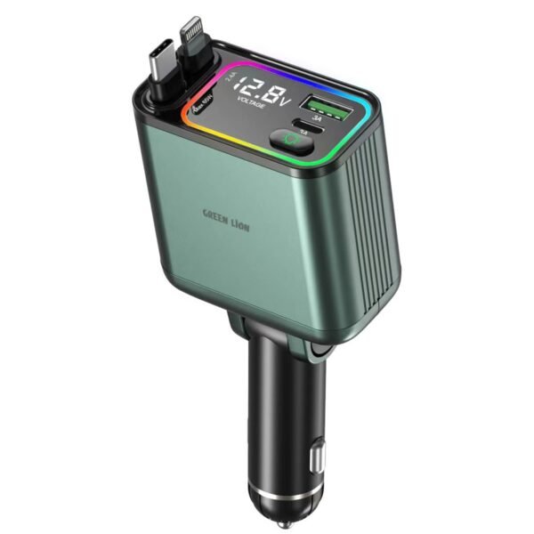 Green Lion 90W Car Charger with Retractable Cable / Multi Protection / Digital Display / 80cm Cable Length / Rotate at Multiple Angles / Charge 4 Devices at Same Time - Image 2