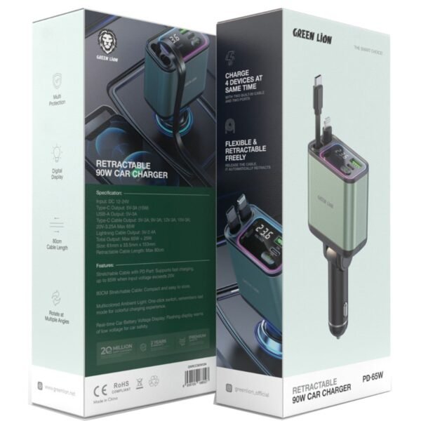 Green Lion 90W Car Charger with Retractable Cable / Multi Protection / Digital Display / 80cm Cable Length / Rotate at Multiple Angles / Charge 4 Devices at Same Time - Image 8
