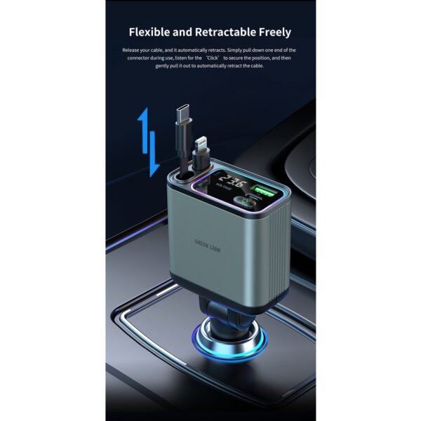 Green Lion 90W Car Charger with Retractable Cable / Multi Protection / Digital Display / 80cm Cable Length / Rotate at Multiple Angles / Charge 4 Devices at Same Time - Image 3