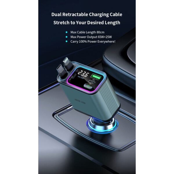 Green Lion 90W Car Charger with Retractable Cable / Multi Protection / Digital Display / 80cm Cable Length / Rotate at Multiple Angles / Charge 4 Devices at Same Time - Image 4
