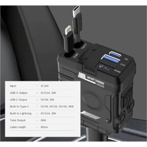 Porodo 4in1 Retractable Car Charger with Collapsible Lightning Head & Type-C Cables, Voltage Monitor, Universal Compatibility, Simultaneous Charging, 80CM Cables, 36W PD, 66W Car Charger - Image 7