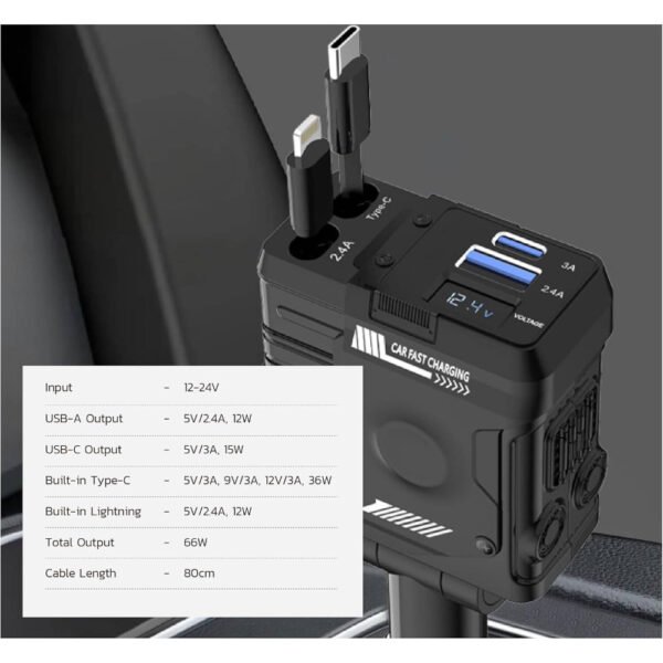Porodo 4in1 Retractable Car Charger with Collapsible Lightning Head & Type-C Cables, Voltage Monitor, Universal Compatibility, Simultaneous Charging, 80CM Cables, 36W PD, 66W Car Charger - Image 7