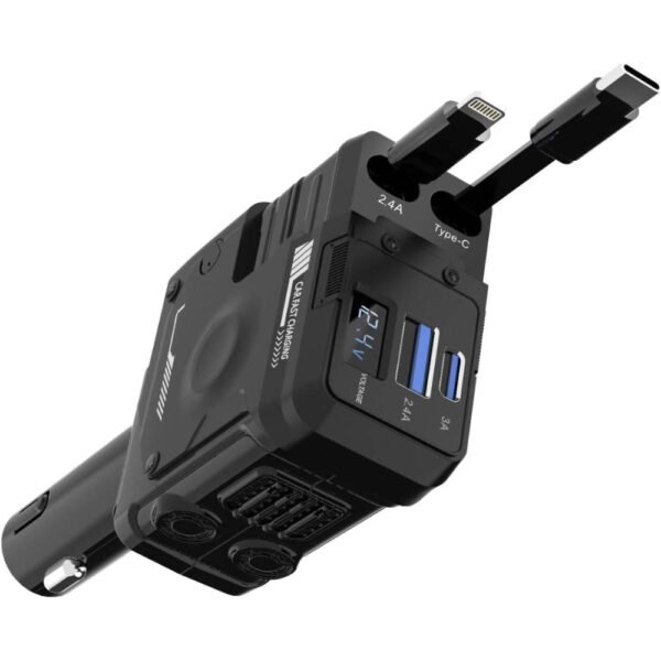 Porodo 4in1 Retractable Car Charger with Collapsible Lightning Head & Type-C Cables, Voltage Monitor, Universal Compatibility, Simultaneous Charging, 80CM Cables, 36W PD, 66W Car Charger - Image 2