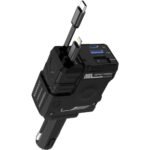 Porodo 4in1 Retractable Car Charger with Collapsible Lightning Head & Type-C Cables, Voltage Monitor, Universal Compatibility, Simultaneous Charging, 80CM Cables, 36W PD, 66W Car Charger