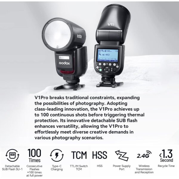 GODOX V1 PRO N 2.4G Wireless Camera Flash 1/8000s HSS 1.3s Recycle Time with M/TTL Flash Mode with Detachable Sub Flash Speedlite Compatible with Nikon Cameras + Godox AK-R1 Pocket Flash Light Access - Image 4