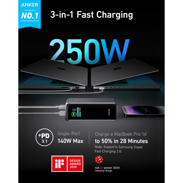 Anker Prime 27,650mAh 250W power bank + 100W base. 2 USB-C + 1 USB-A - Image 2