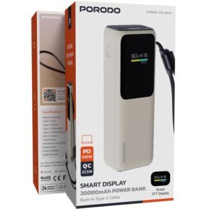 Porodo 20000mAh 100W power bank with built-in USB-C cable, smart TFT color display, 100W PD + 15W wireless, USB-A/C ports - Image 5