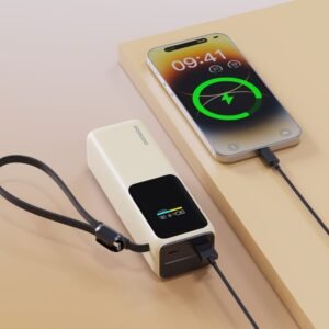 Porodo 20000mAh 100W power bank with built-in USB-C cable, smart TFT color display, 100W PD + 15W wireless, USB-A/C ports - Image 3