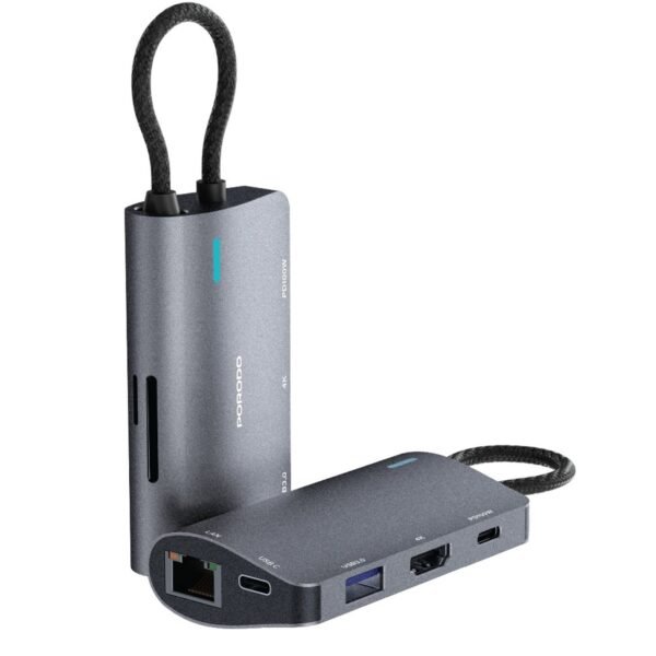 Porodo 7-in-1 USB-C Hub One with USB-C, HDMI, RJ45, USB 3.0, USB-C 3.0, SD & TF Ports, 140mm Cable Length, 100W Power Delivery, Fast Data Transfer, Plug & Play Design - Image 4