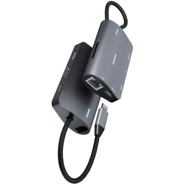 Porodo 7-in-1 USB-C Hub One with USB-C, HDMI, RJ45, USB 3.0, USB-C 3.0, SD & TF Ports, 140mm Cable Length, 100W Power Delivery, Fast Data Transfer, Plug & Play Design - Image 2