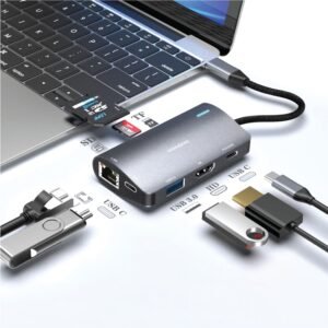 Porodo 7-in-1 USB-C Hub One with USB-C, HDMI, RJ45, USB 3.0, USB-C 3.0, SD & TF Ports, 140mm Cable Length, 100W Power Delivery, Fast Data Transfer, Plug & Play Design - Image 3