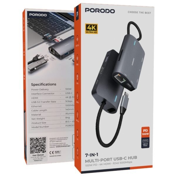 Porodo 7-in-1 USB-C Hub One with USB-C, HDMI, RJ45, USB 3.0, USB-C 3.0, SD & TF Ports, 140mm Cable Length, 100W Power Delivery, Fast Data Transfer, Plug & Play Design - Image 5