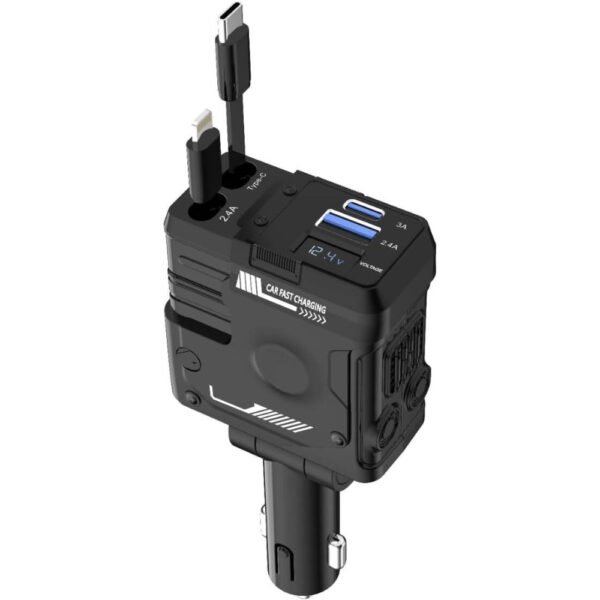 Porodo 4in1 Retractable Car Charger with Collapsible Lightning Head & Type-C Cables, Voltage Monitor, Universal Compatibility, Simultaneous Charging, 80CM Cables, 36W PD, 66W Car Charger - Image 3