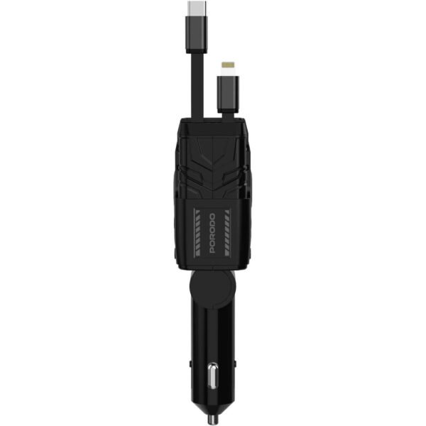 Porodo 4in1 Retractable Car Charger with Collapsible Lightning Head & Type-C Cables, Voltage Monitor, Universal Compatibility, Simultaneous Charging, 80CM Cables, 36W PD, 66W Car Charger - Image 4