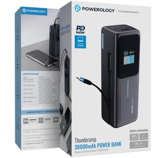 Powerology Thunderamp 30000mAh Power Bank with Intelligent TFT Screen, Ultra-Fast Charging, Multi-Device Charging, Laptop Charger, PD 140W - Gray - Image 4