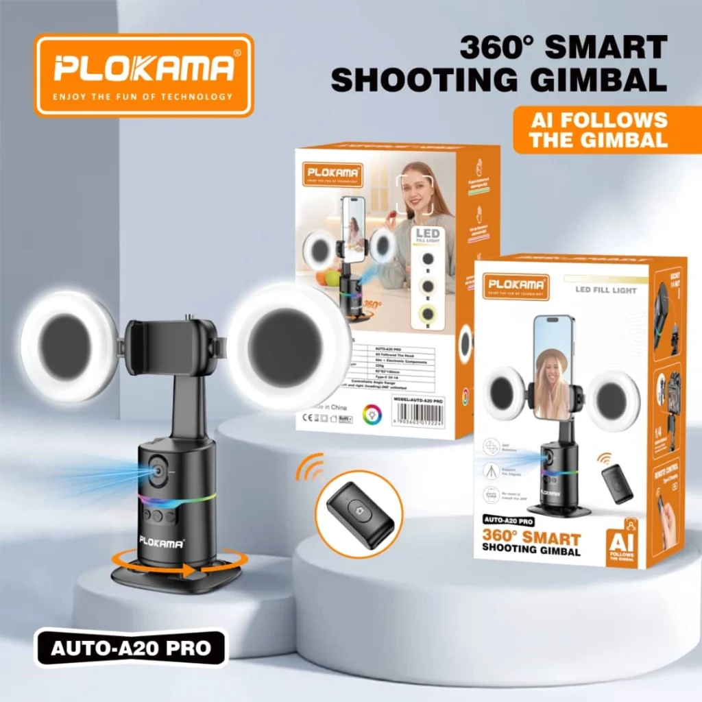 Plokama AUTO A20 Pro Gimbal Auto Face Tracking 360 Smart Shooting Gimbal with – 2 Lights by appleme.lk 1 All Products